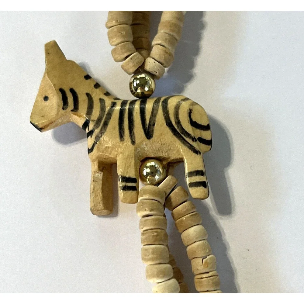 VTG Zebra Necklace Bovine Bone Hand-Carved Painted Safari Beaded Multi-Strand